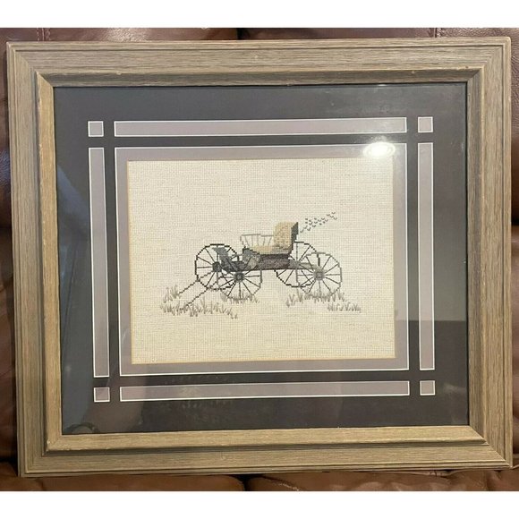 Vintage Cross Stitch Carriage Wagon Matted Framed
